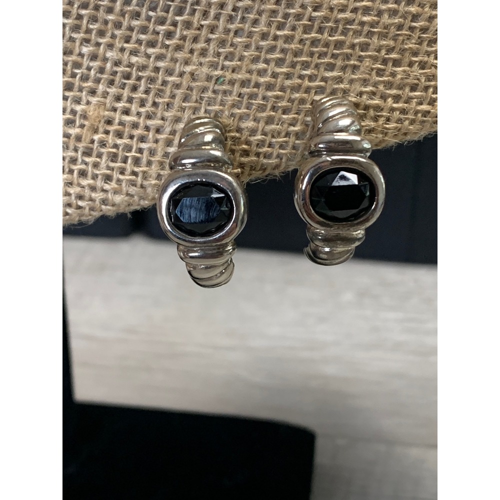 Vintage Silver Tone Ribbed Clip On‎ Hoop Earrings Black Faceted Stone Statement